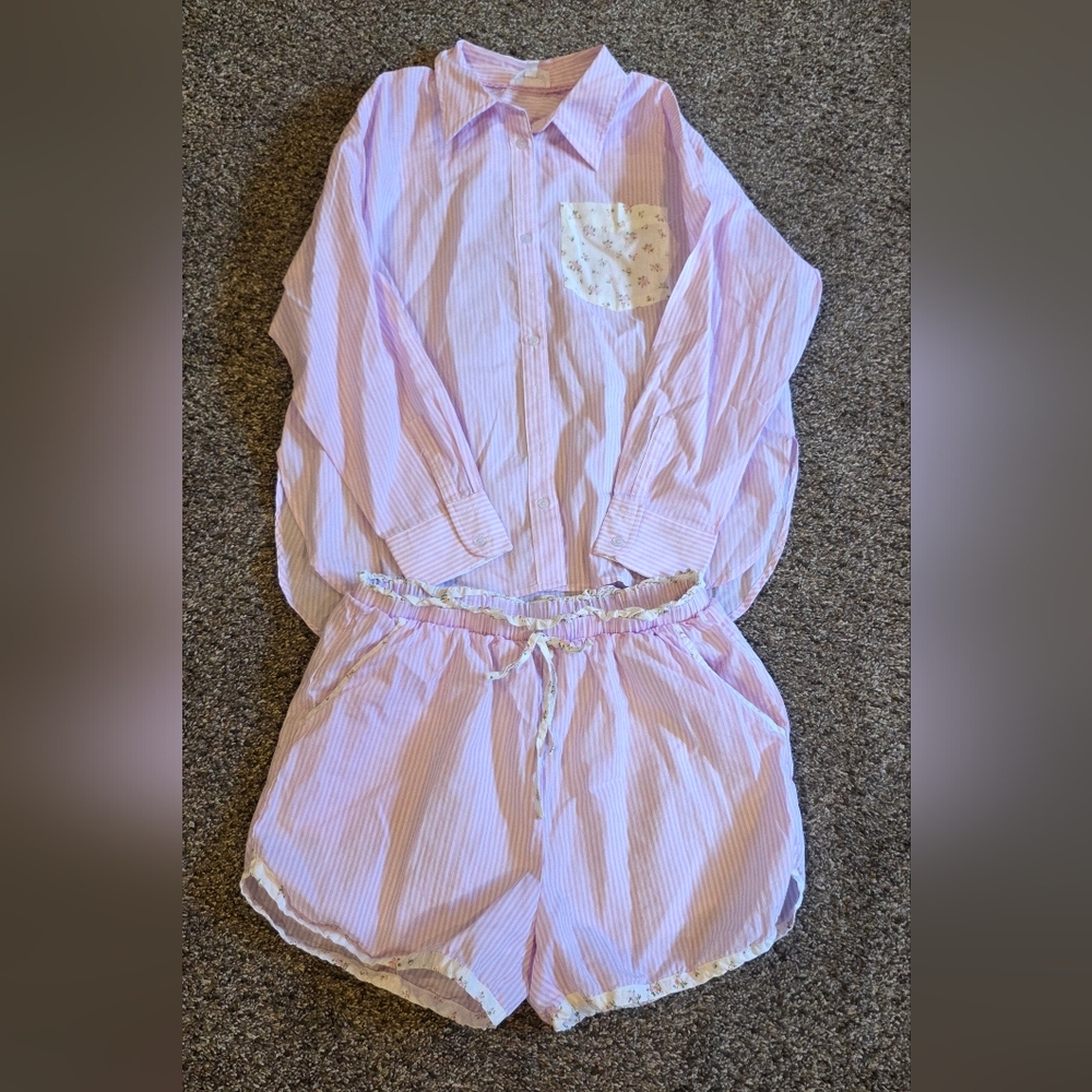 Pink and White Striped Button Down Shirt And Pants